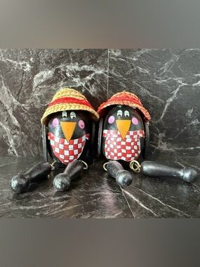 Vintage Pair of Wooden Black Crow Bell Shelf Sitter Figurines